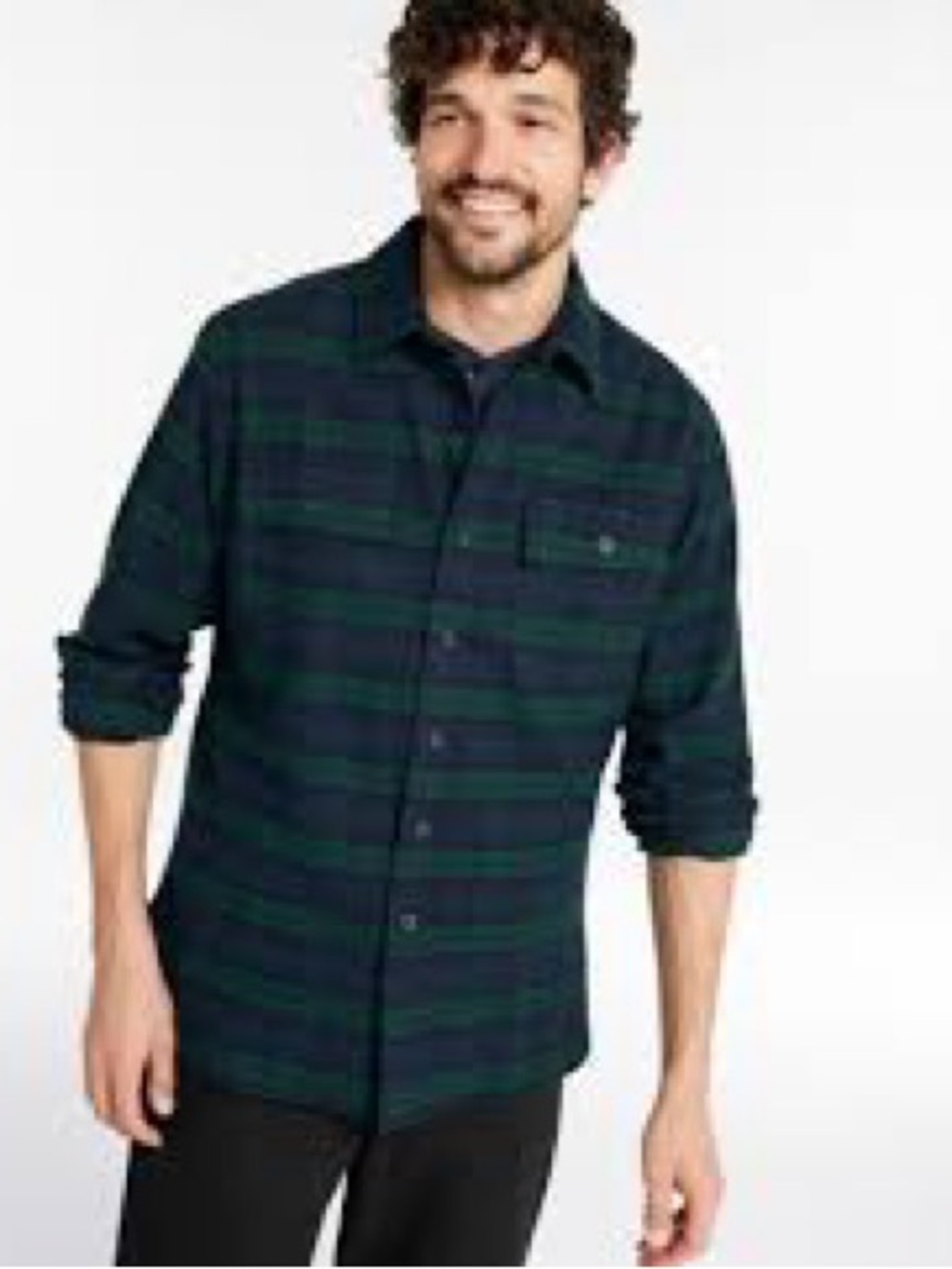 L.L. Bean Navy and Dark Green Striped Button-Up Shirt 1097